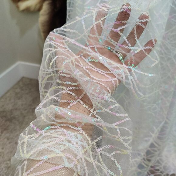 Color Shifting Sequins & Beaded Embroidered Lace Tulle Gown, White Wedding Dress - Picture 11 of 17